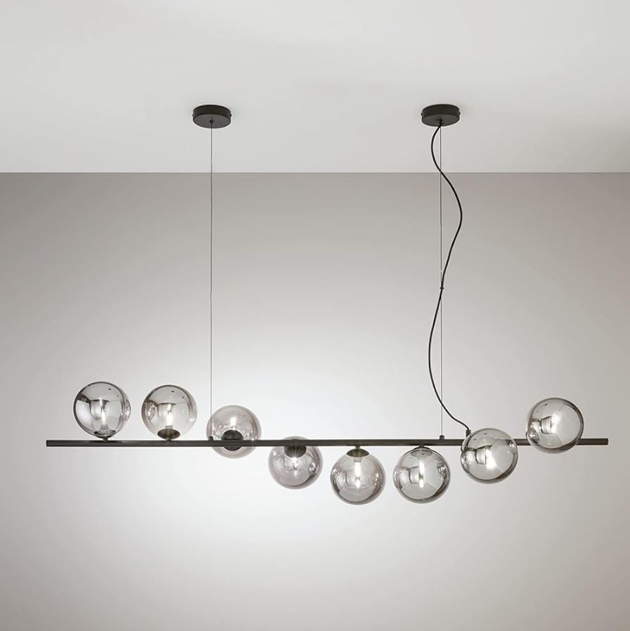 Sospensione 8 luci in metallo con sfere in vetro soffiato champagne o fumè 8XG9 non incl. MIELE Sospensione 8 luci in metallo con sfere in vetro soffiato champagne o fumè 8XG9 non incl. MIELE
